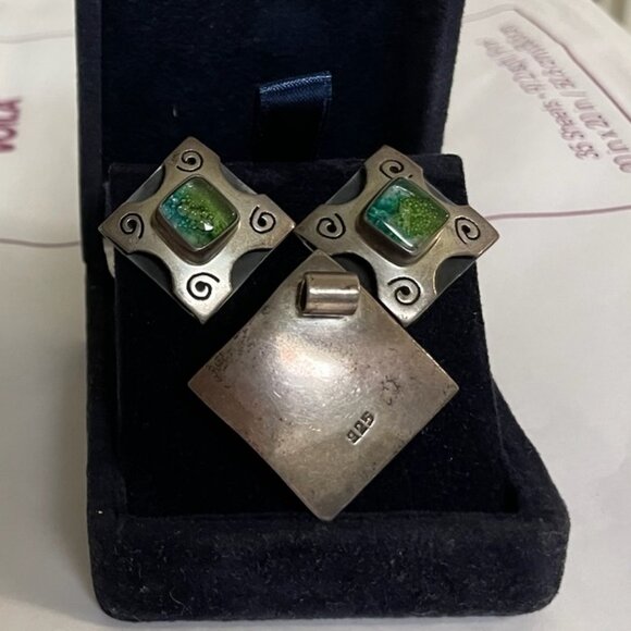 Vintage 925 Silver Pendant/Earring Set with Blue-Green Glass - Picture 2 of 4